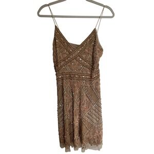 LARA Beaded Gatsby Cocktail Dress Womens 4 Champagne Gold V-Neck Mini Strap